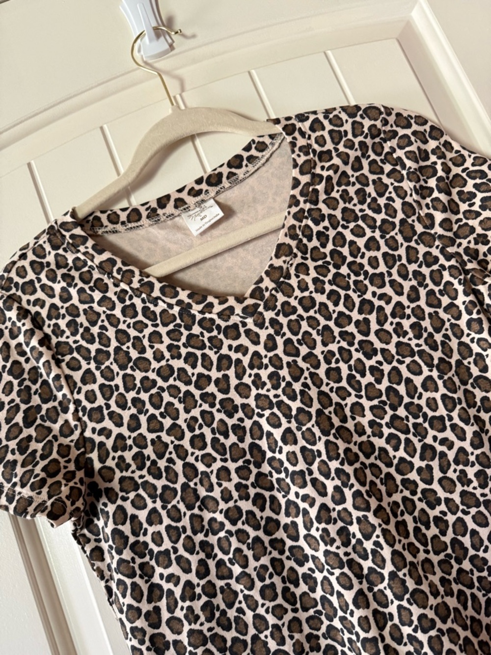 Leopard Print V-Neck Short Sleeve Dress- Beige/Brown. 100% organic cotton